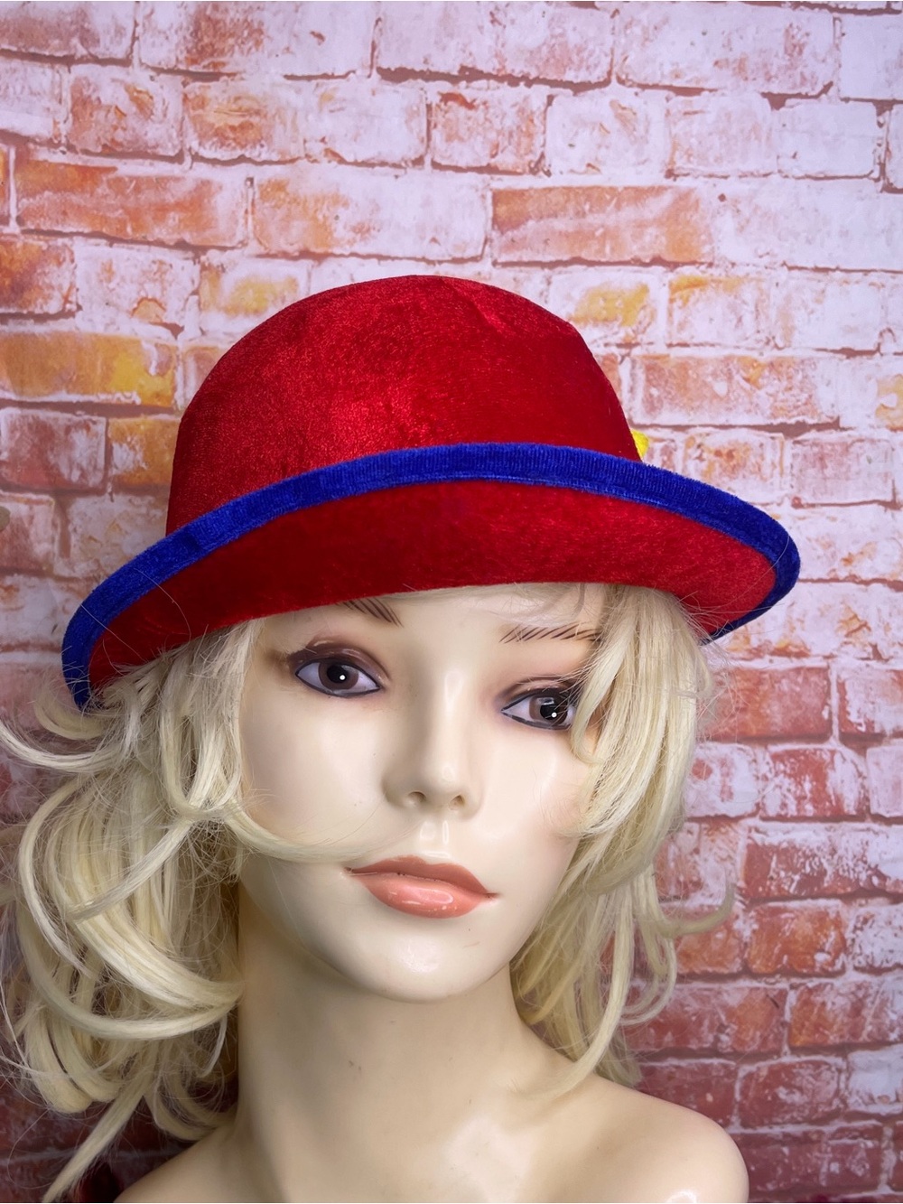 Red Whimsical Velvet Bowler Clown Style Hat with Colorfzl Trim